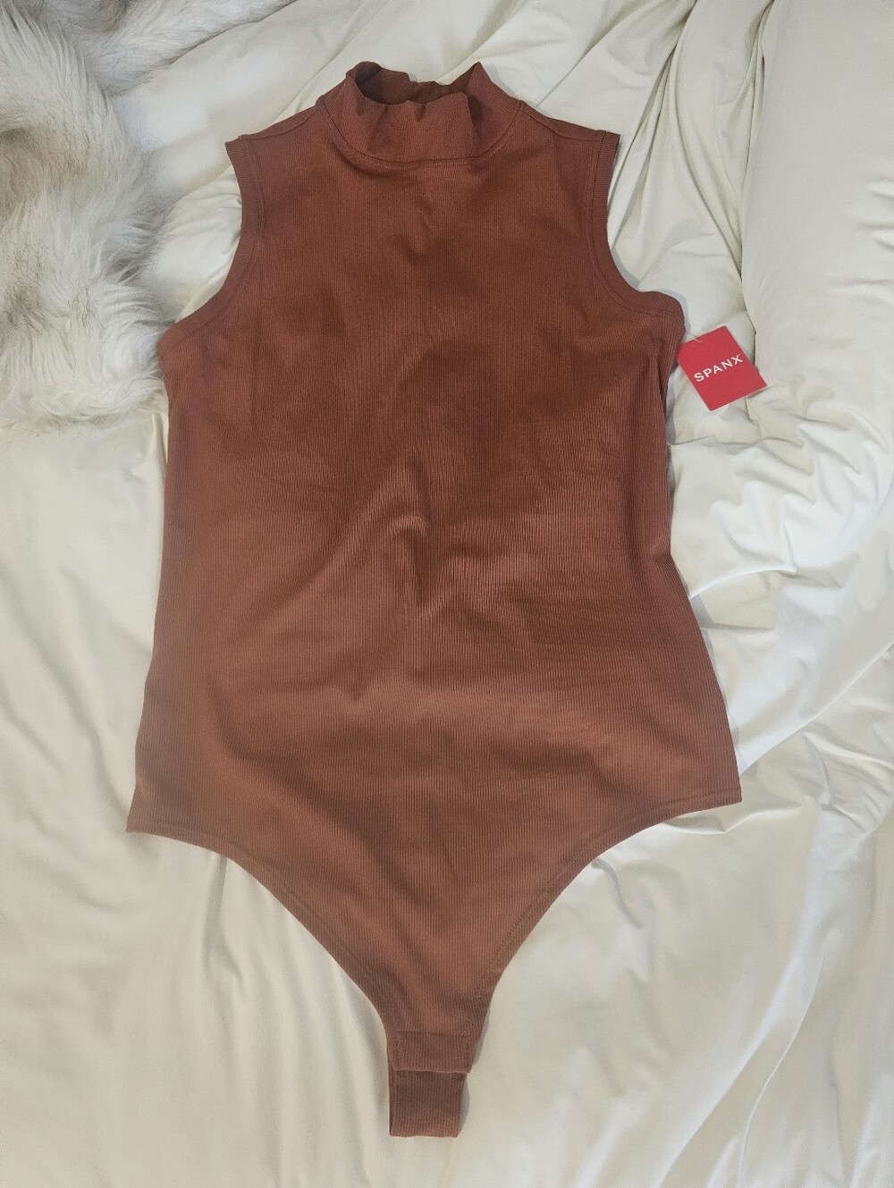 SPANX Sleeveless Mock Neck Ribbed Bodysuit in Rust NWT